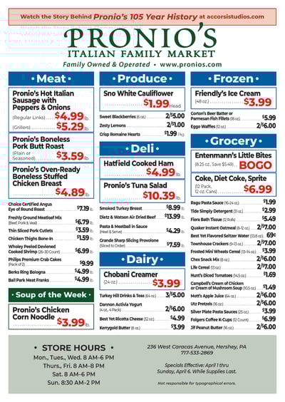 Pronio's Italian Market Specials for April 1 - 6, 2025