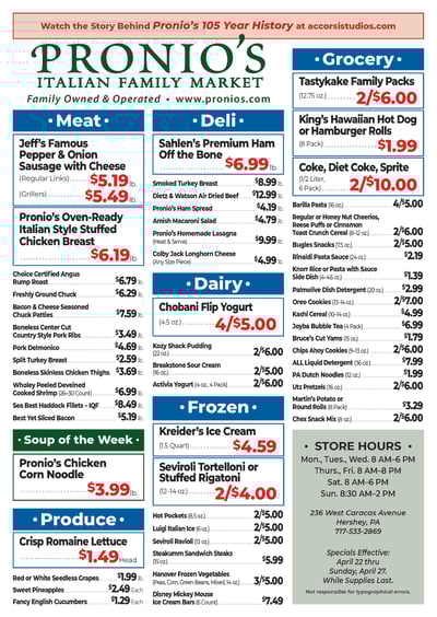 Pronio's Italian Market Specials for April 22 - 27, 2025