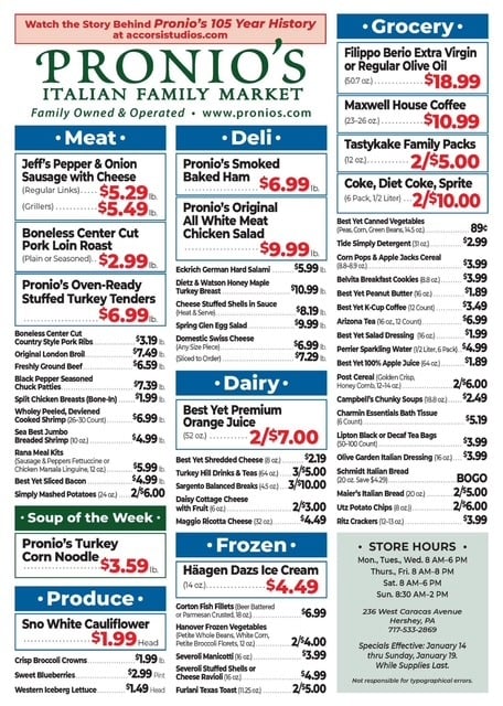 Pronio's Specials for January 14-19, 2025