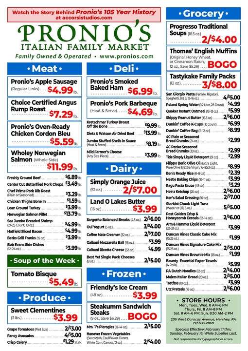 Pronio's Italian Market Specials Feb 11 - 16, 2025